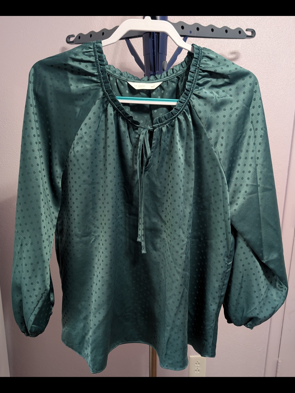 LC Lauren Conrad Emerald Green Satin Dot Tie-Neck Blouse